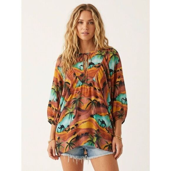 Chufy Tops - Chufy Oasis Desert Camel Print Boho Tunic Mini Dress Coverup Resortwear Small
